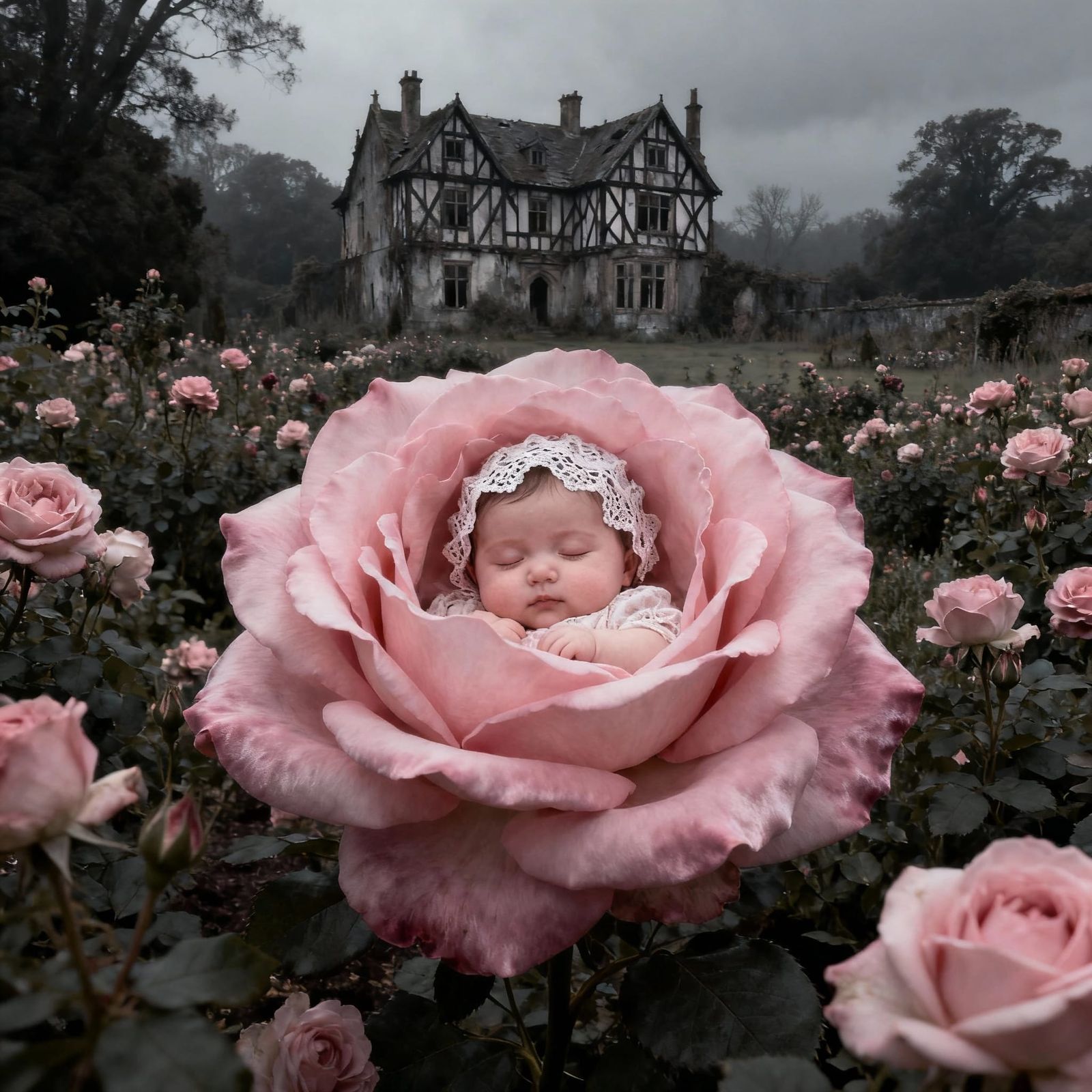 Ethereal Girl in Blooming Rose Garden