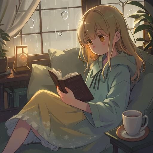 Cozy Rainy Night Reader in Digital Painting Style