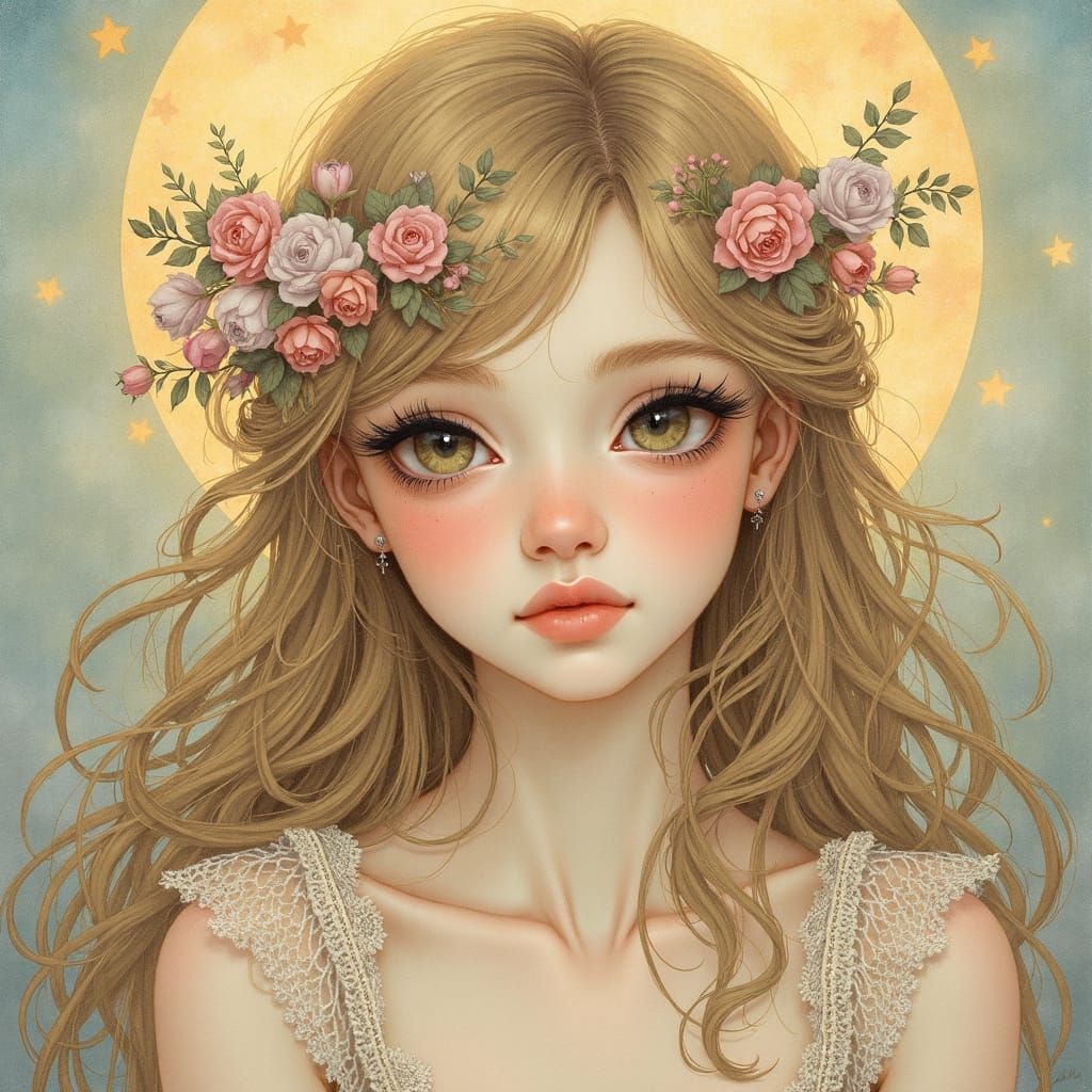 Ethereal Woman with Flowing Hair in Watercolor Style