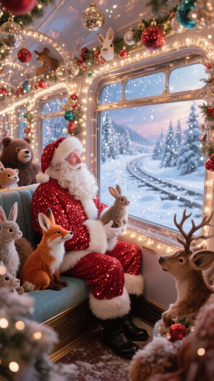 Santa Claus on a Magical Christmas Train with Animals