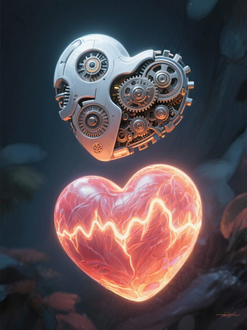 Two Hearts, One Mechanical, One Organic, Glowing Symbolicall...