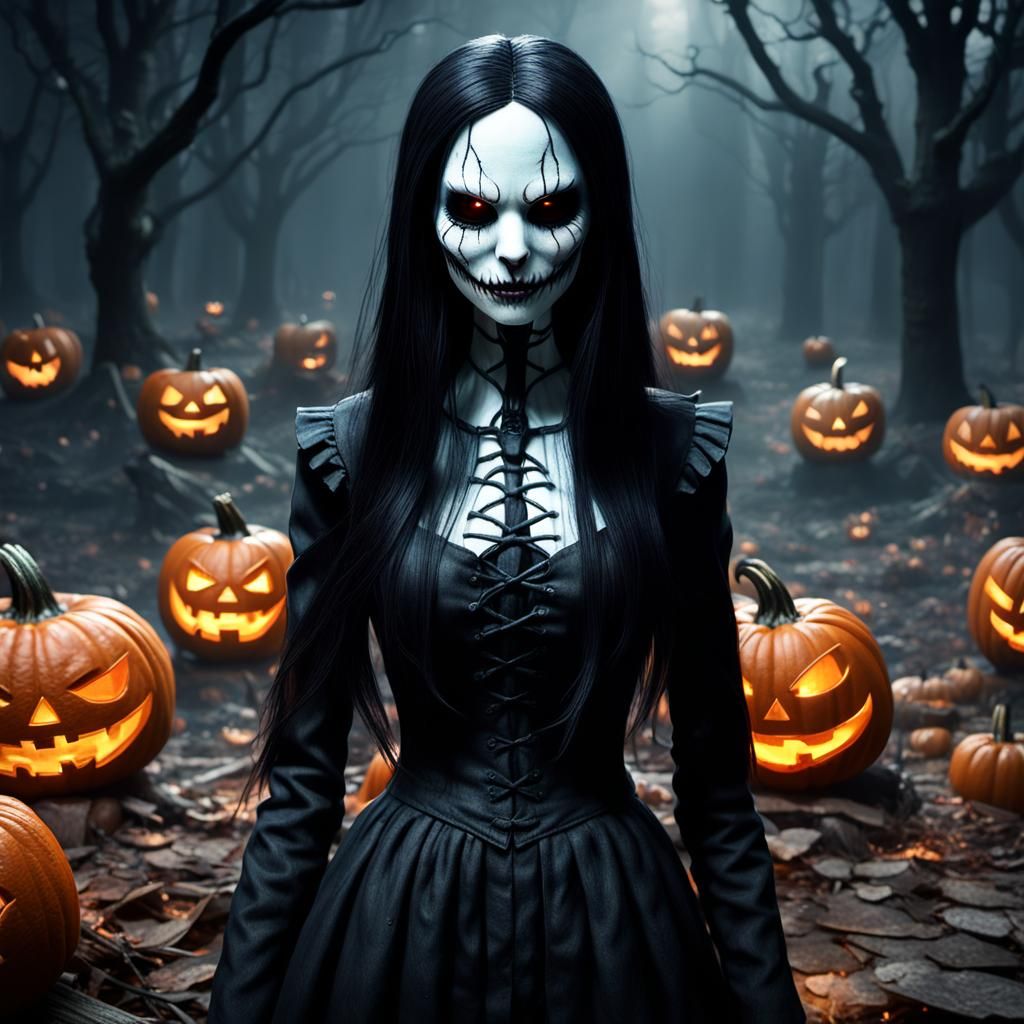 Demonic Jack-o'-Lantern Porcelain Doll: Detailed Matte Paint...