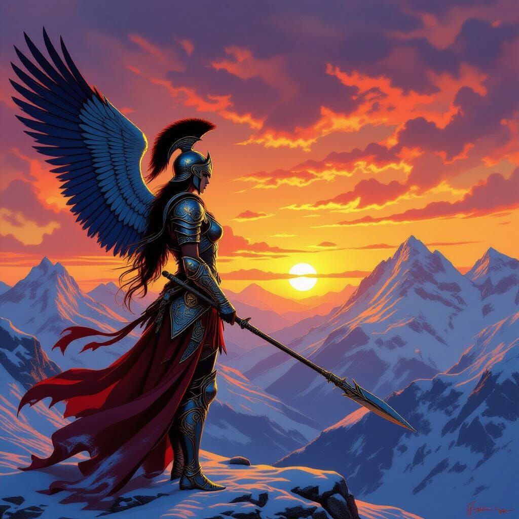 Valkyrie Silhouette Against Fiery Sunset in Fantasy Style