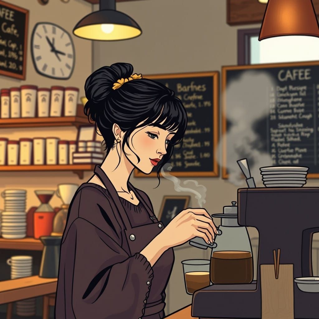Cozy Cafe Scene in Whimsical Ukiyo-e Style