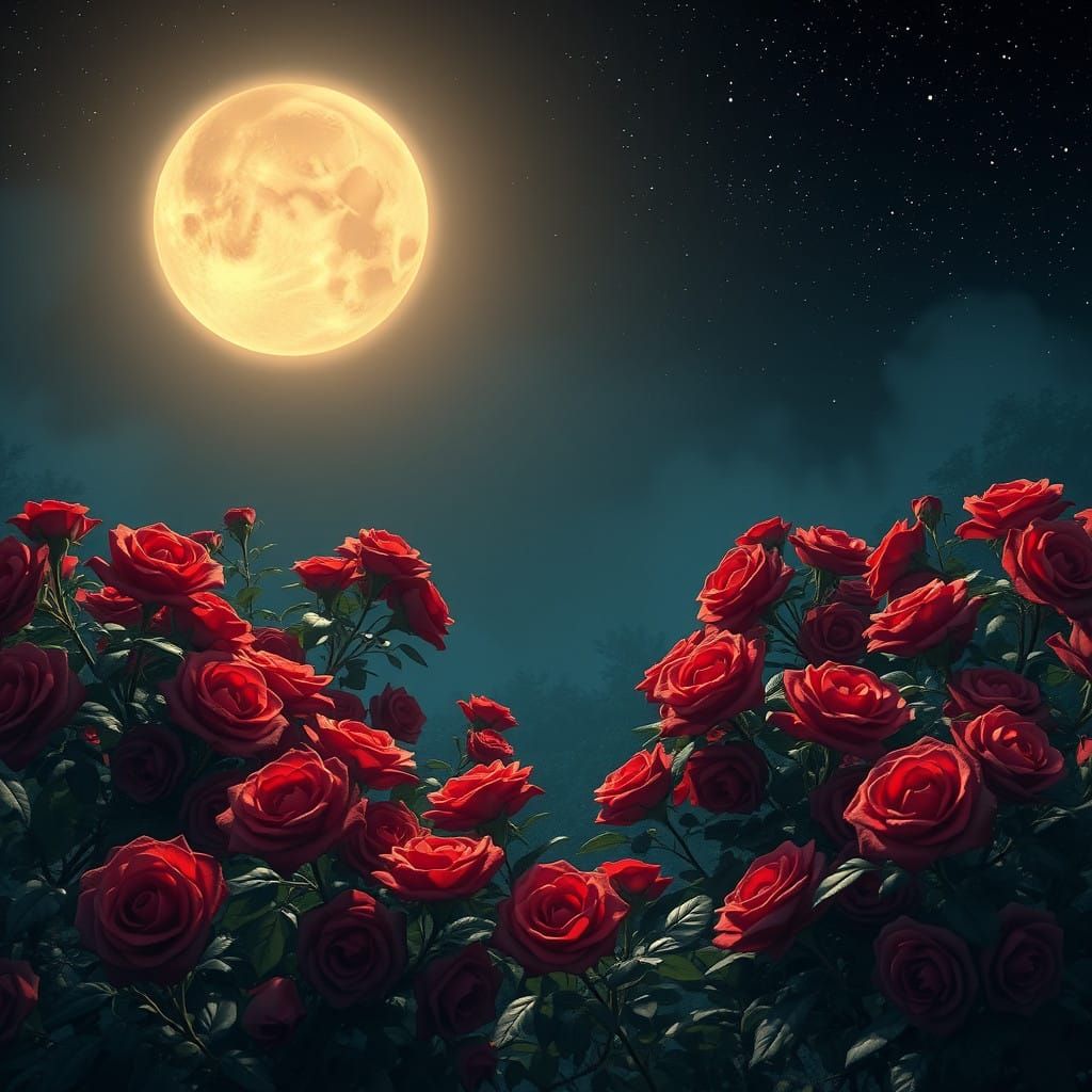 Ethereal Moonlit Garden with Vibrant Red Roses and a Celesti...