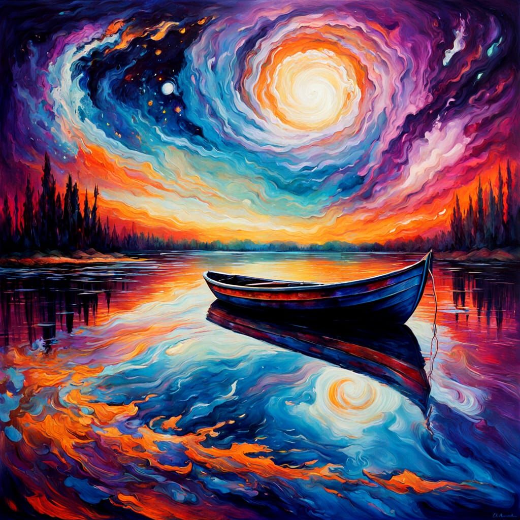 Surreal Cosmic Boat on Mirror Lake