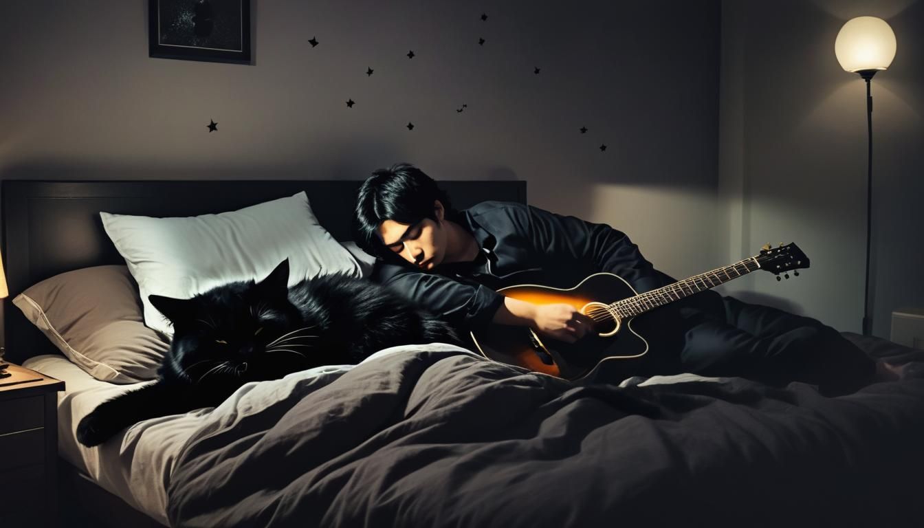 Musician Sleeping with Cat and Guitar at Night