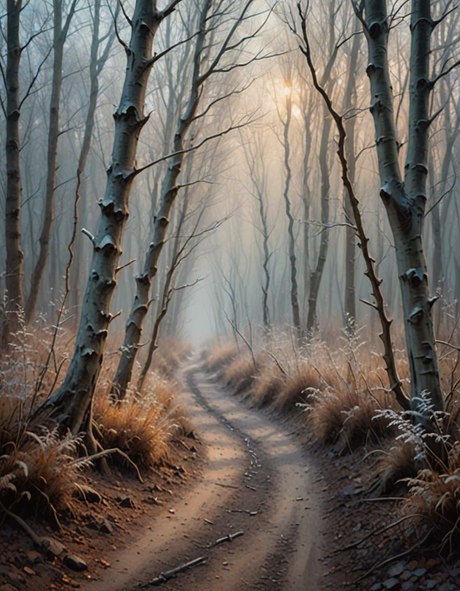 Ethereal Autumn Forest Path at Dusk