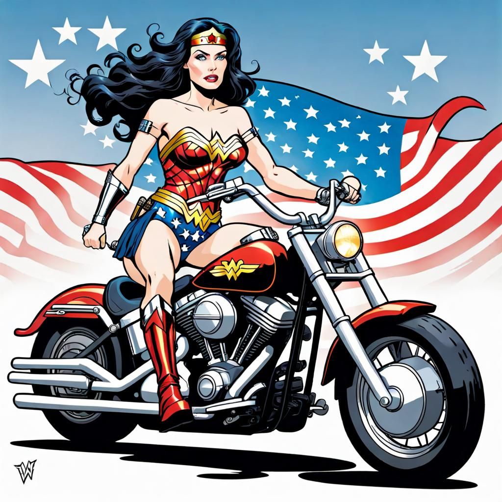 Wonder Woman Rides a Harley Davidson
