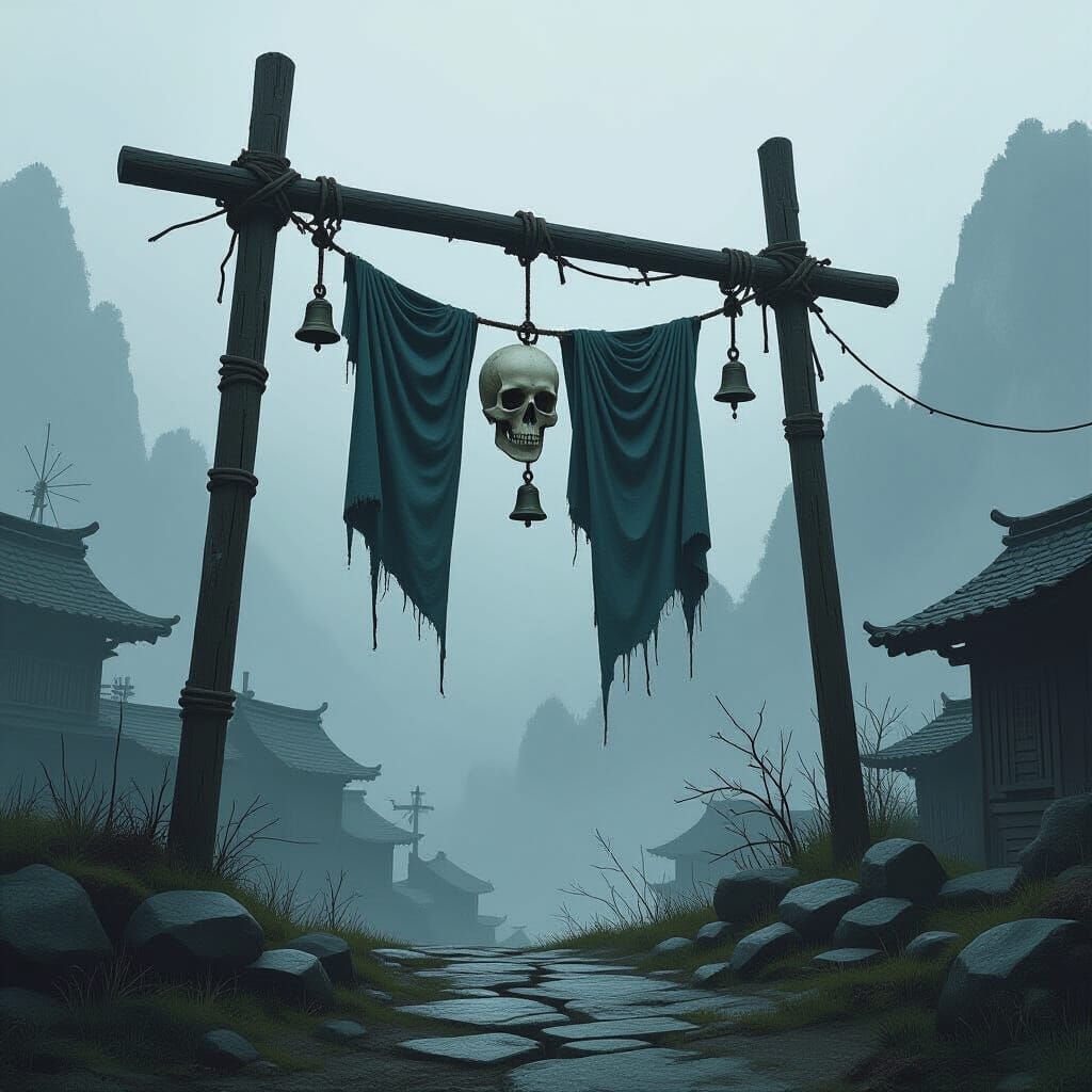 Misty Mountain Shrine with Bones and Cracked Sky