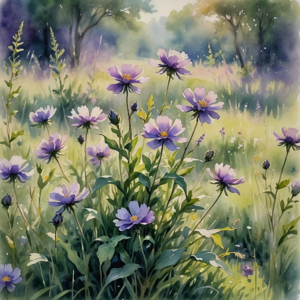 Impressionist Watercolor: Purple Flower in Meadow