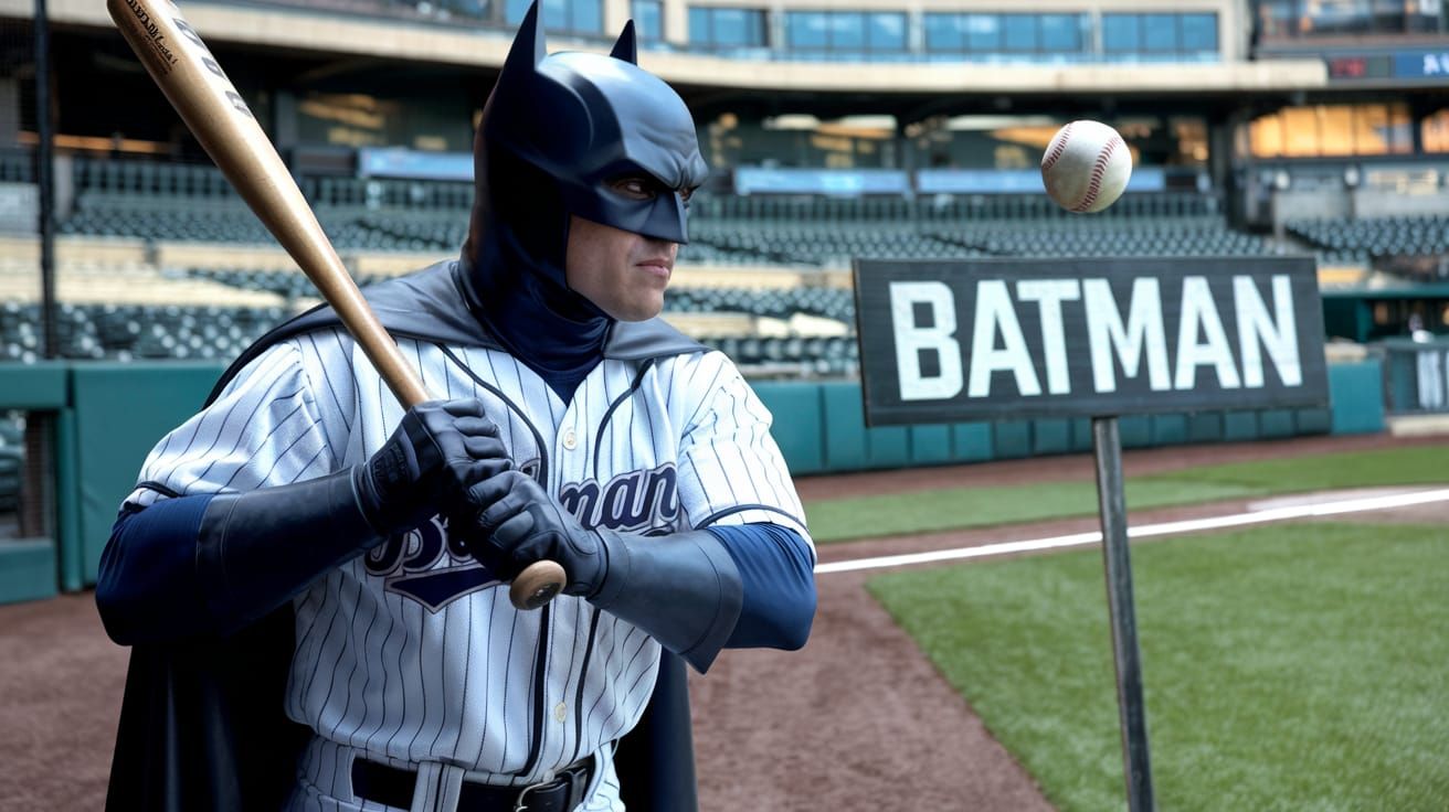 Batman in Baseball Uniform at Stadium
