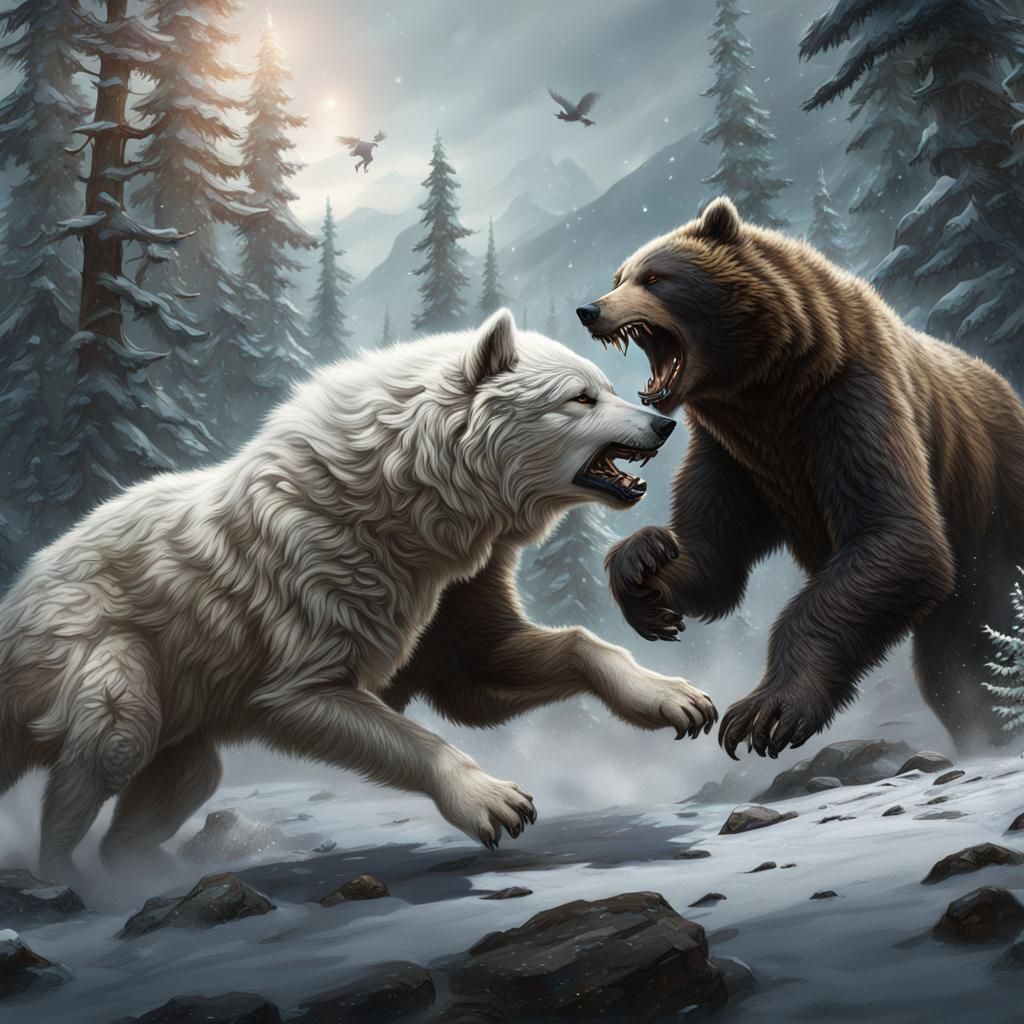White Wolf vs Grizzly Bear: Detailed Matte Painting