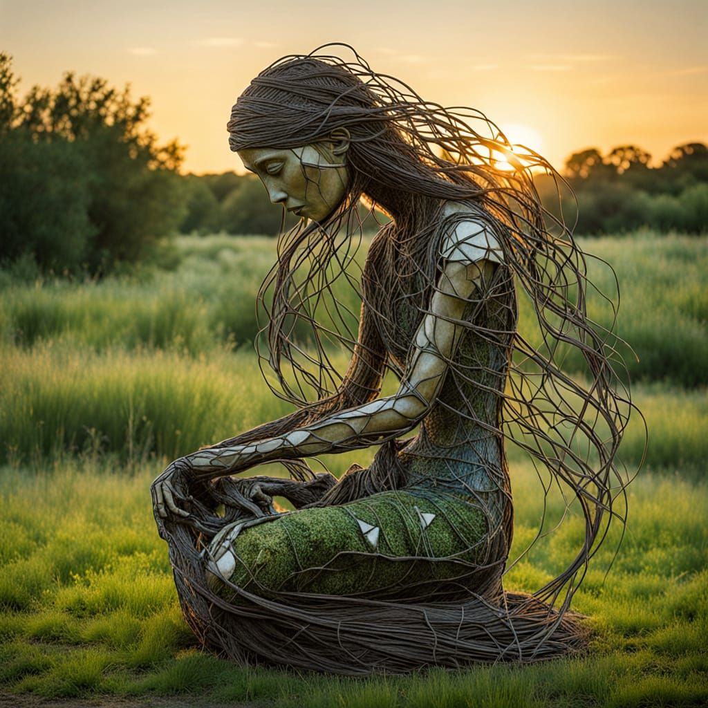Surreal Fragmented Sculpture of Woman at Sunset
