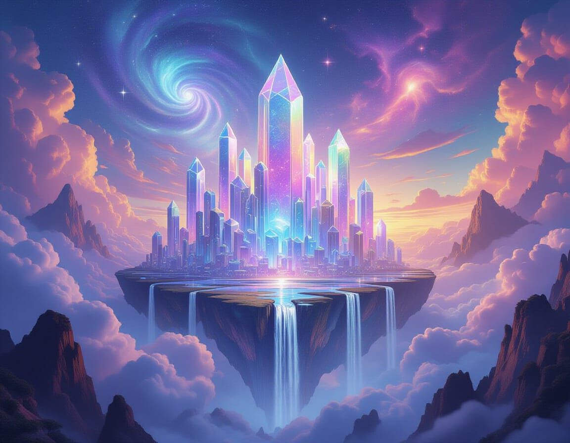Floating Crystal City with Iridescent Waterfalls