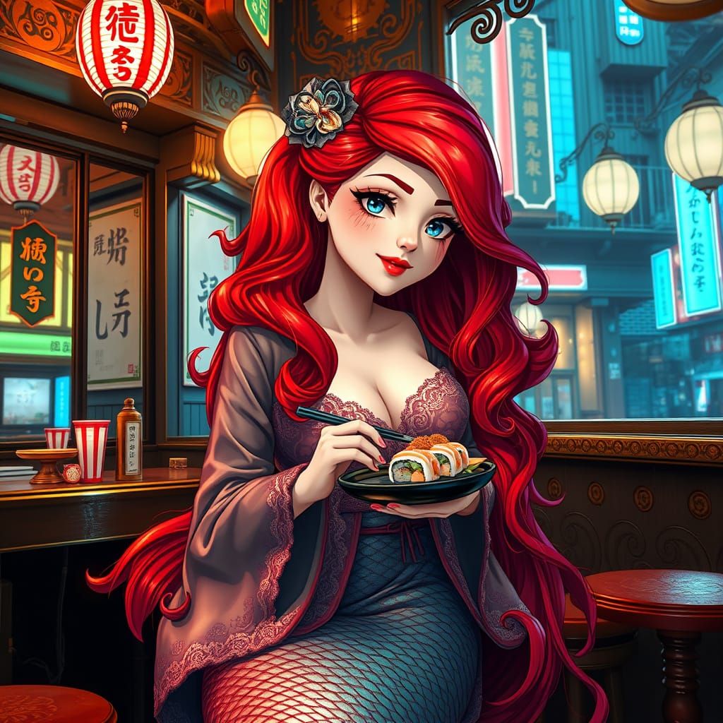 Vibrant Mermaid Savoring Sushi in Tokyo's Neon Dreamscape
