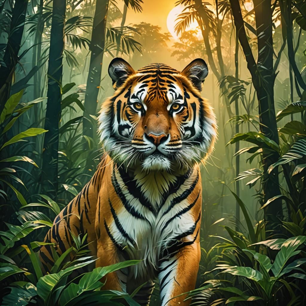 Tiger and Rainforest Double Exposure at Sunset