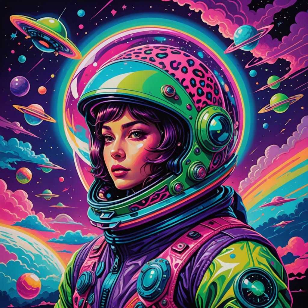 Alien in Leopard Spacesuit Piloting Flying Saucer