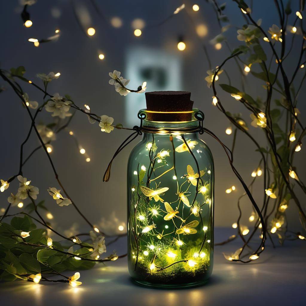 Enchanted Glass Bottle with Fireflies in Forest