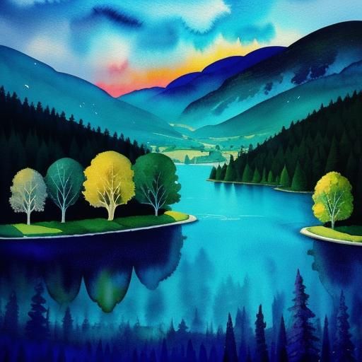 Magical Village Landscape Watercolor Art Print