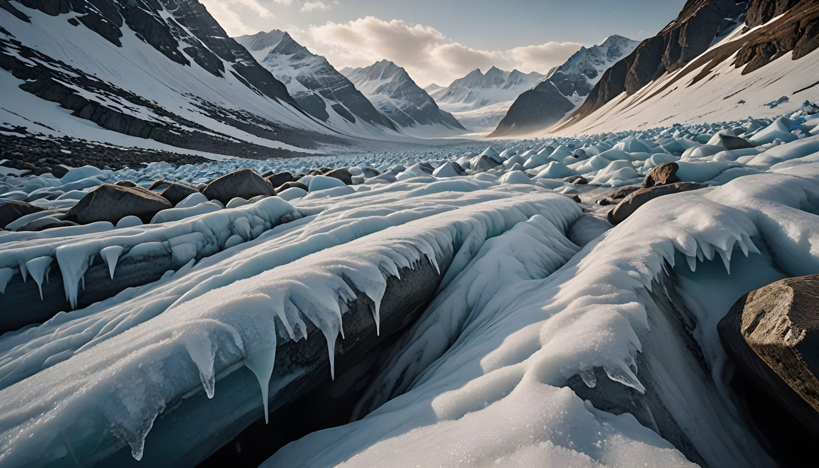 Snow-Covered Glacial Trough with Textured Ice Close-Up