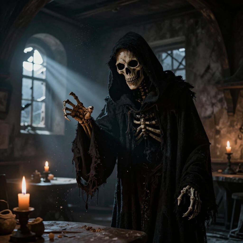 Grim Reaper Beckons from Dilapidated Tavern