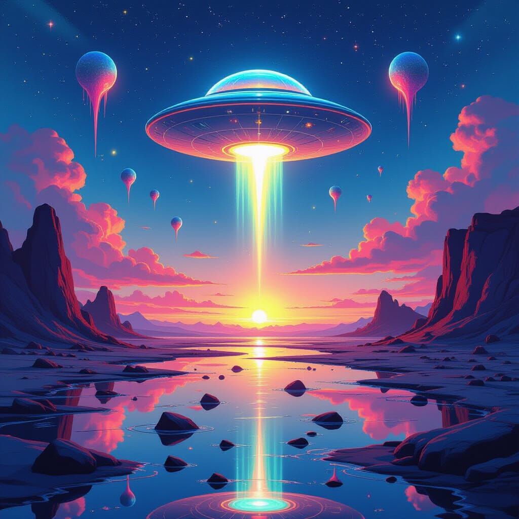 Surreal Dreamscape with UFO in Vibrant Colors