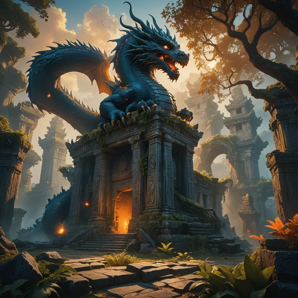 Dragon Guarding Ancient Temple Ruins in Fantasy World
