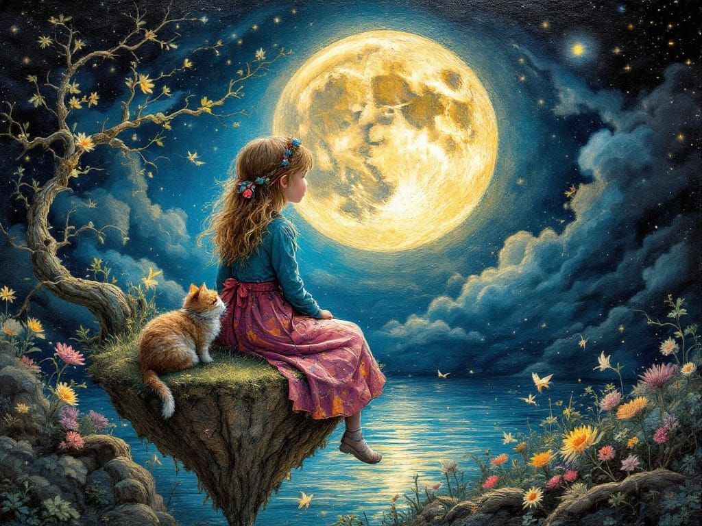 Whimsical Moonlit Scene in Intricate Textured Style