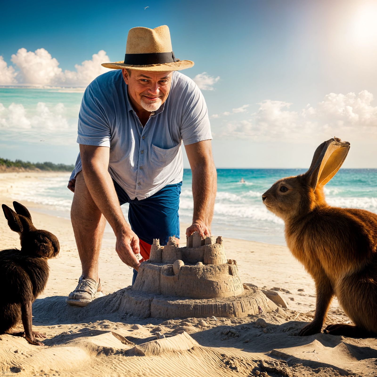 Grandpa and his pet rabbits building sandcastles on the beach