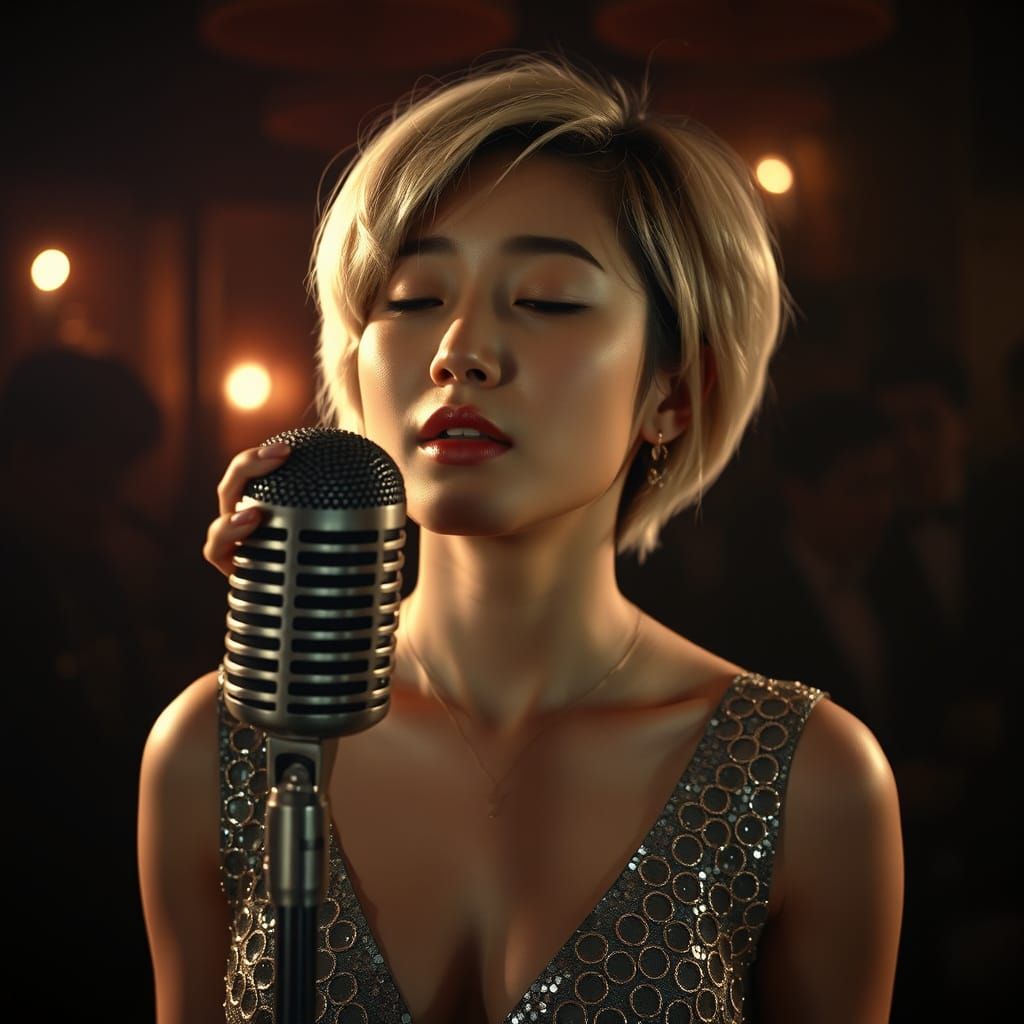 Young Woman Singing in Smoky Jazz Club