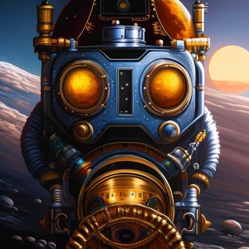 My first creations: Selfie of steampunk astronaut in space with the Moon behind