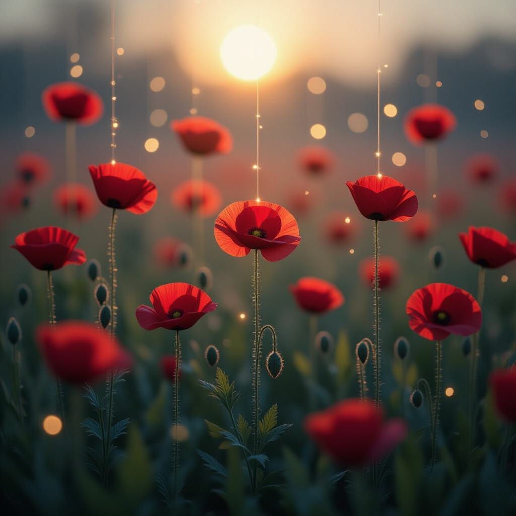 Scarlet Poppies Dreamscape: Glowing Memory Strings in Twilig...