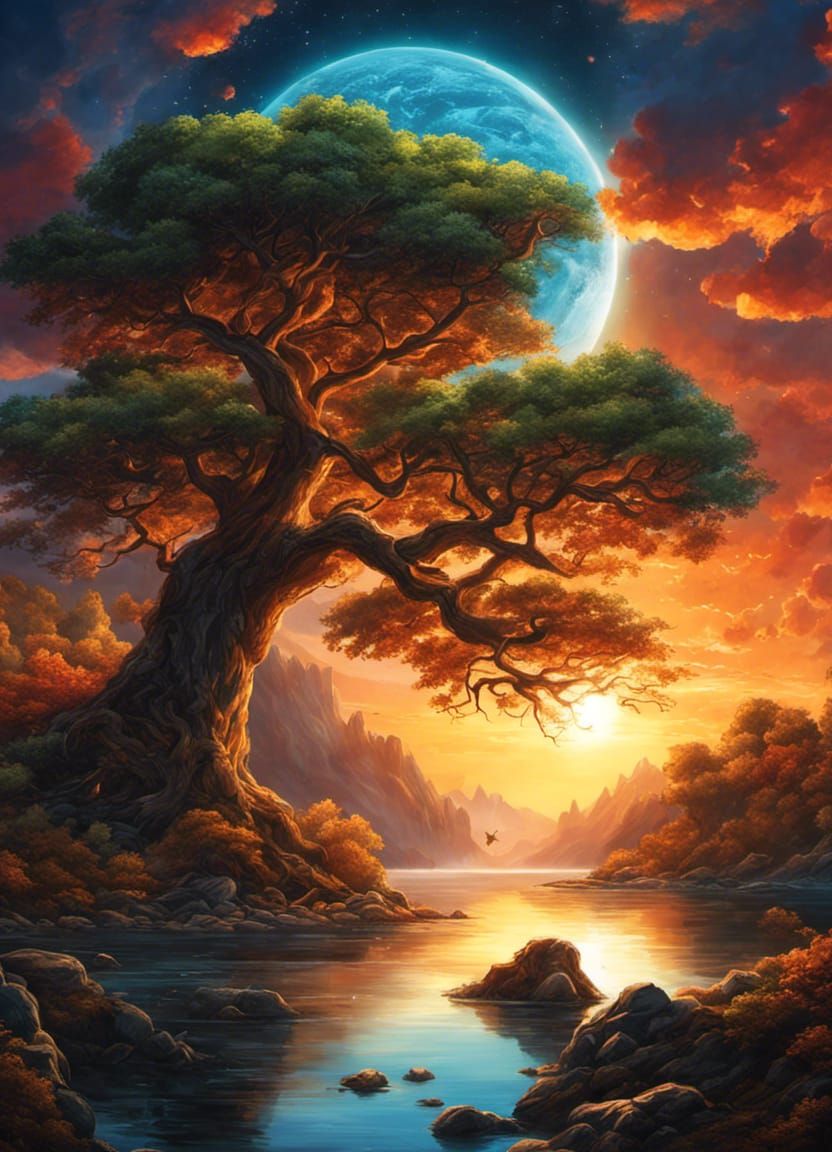 Tree, Lake, Sunset, Film noir - 1474   ........ God Is Available. He Loves You...Do You Want Help?...see http://pray.loo...