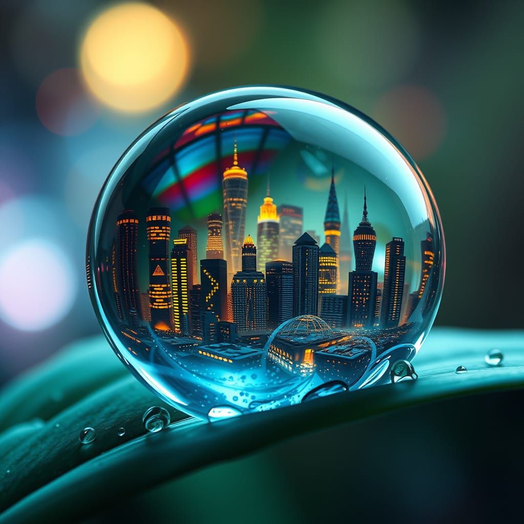 Futuristic City in Dewdrop: Hyperrealistic Concept Art