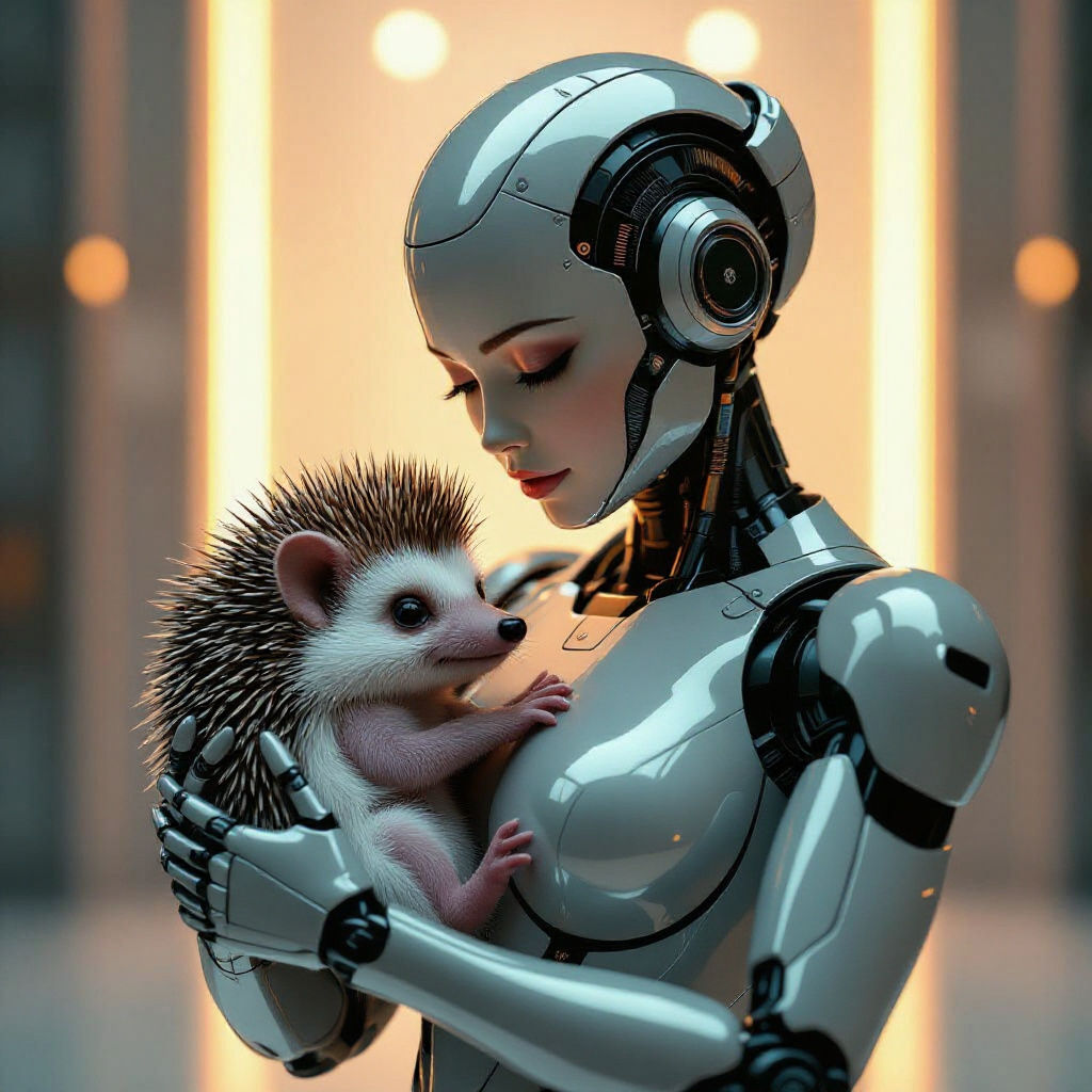 Robot Cradling Hedgehog in Hyper-Realistic Detail