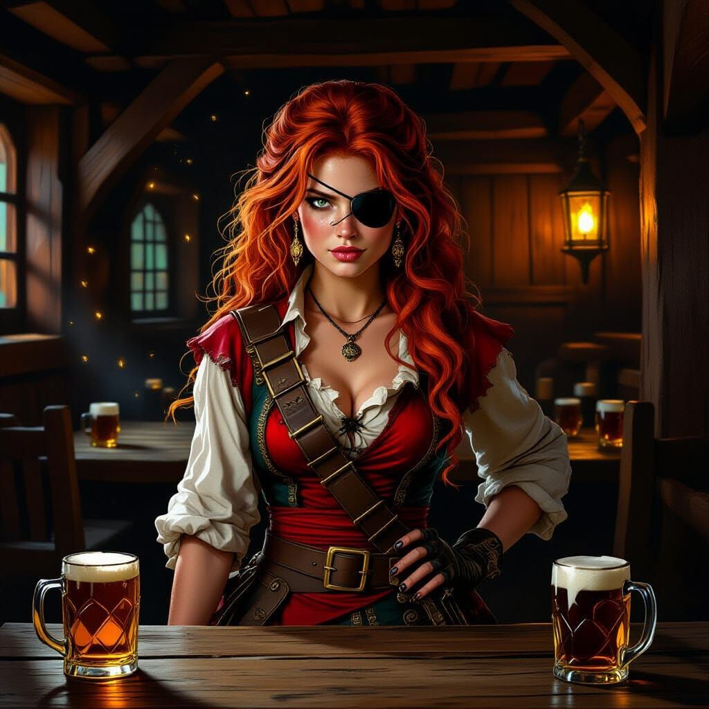 Red-Haired Pirate Girl in Tavern with Rembrandt Lighting