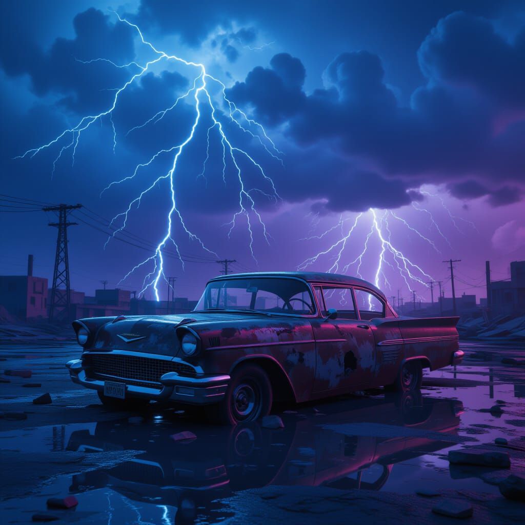 Rusted Antique Car in Digital Wasteland, Hyperrealistic Styl...