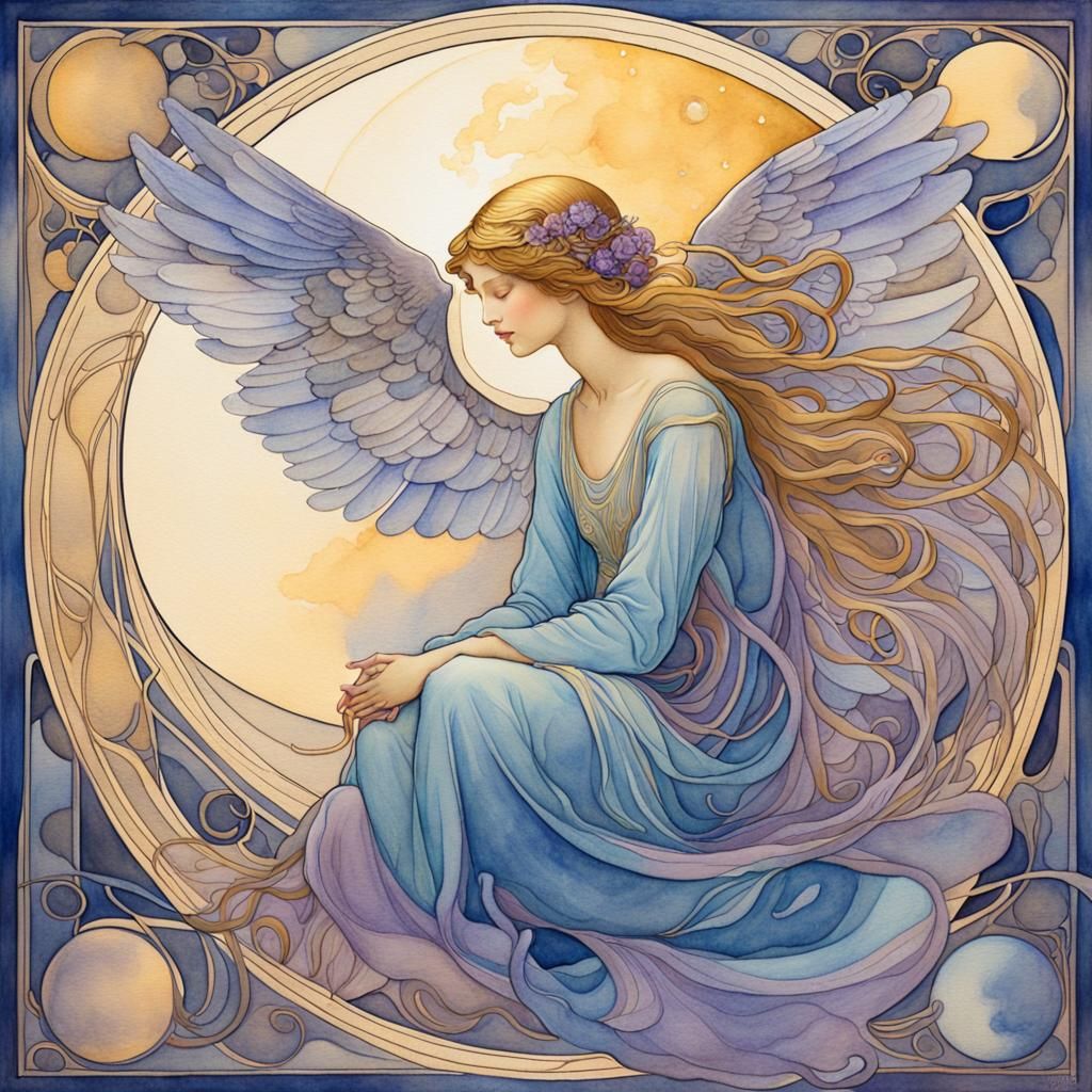 Art Nouveau Angel on Moon in Watercolor Style