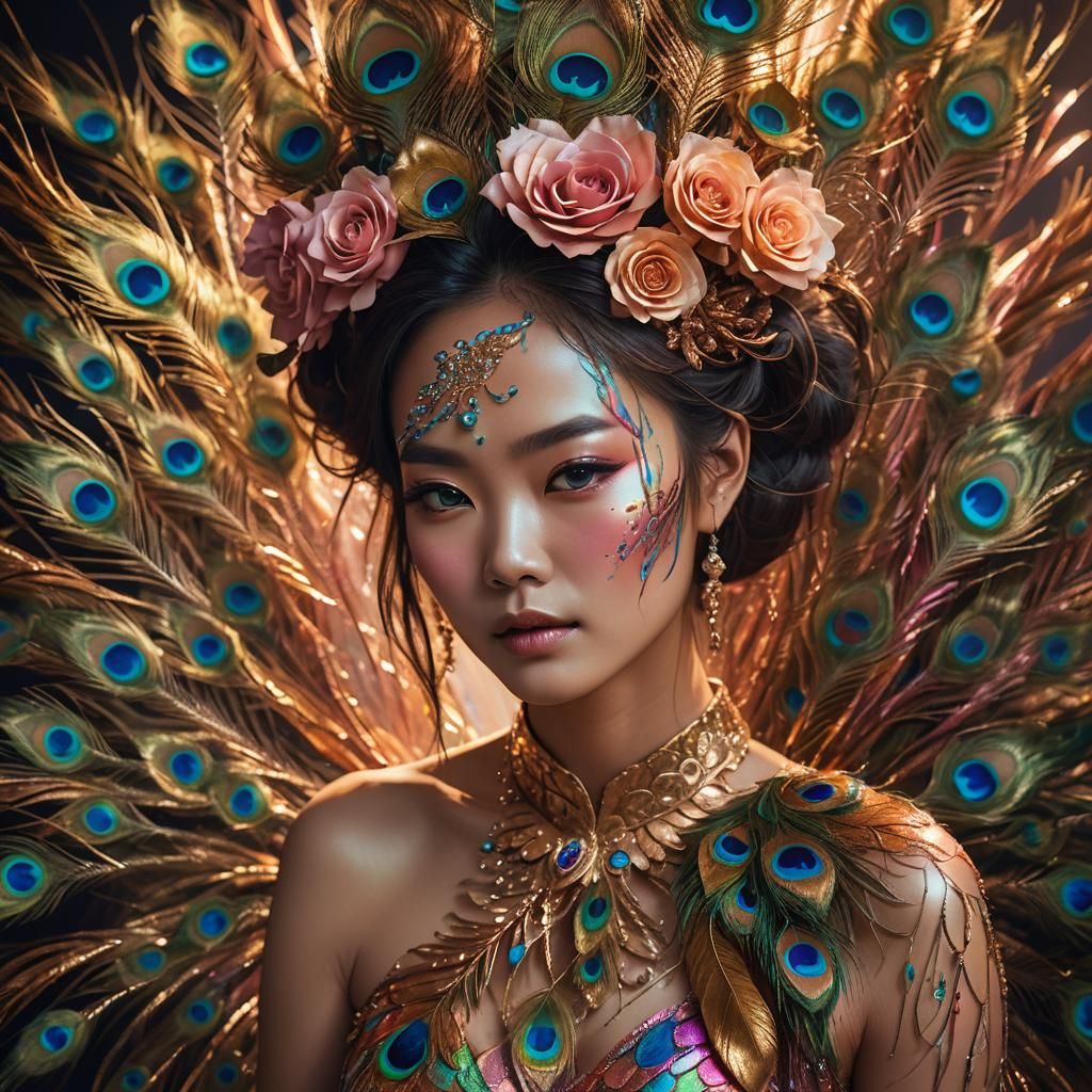 Rainbow Woman Portrait with Peacock Feathers