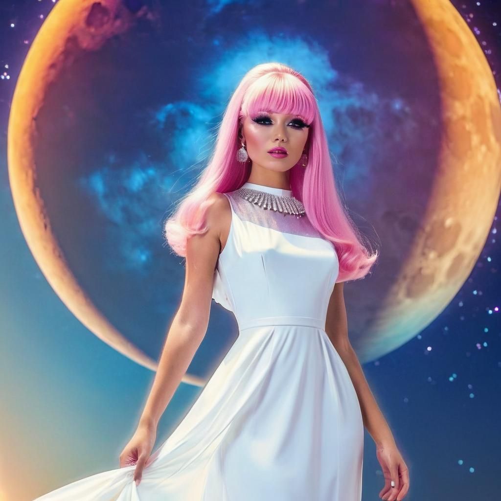 Glamorous 1960s Woman with Moon in Retrowave Style