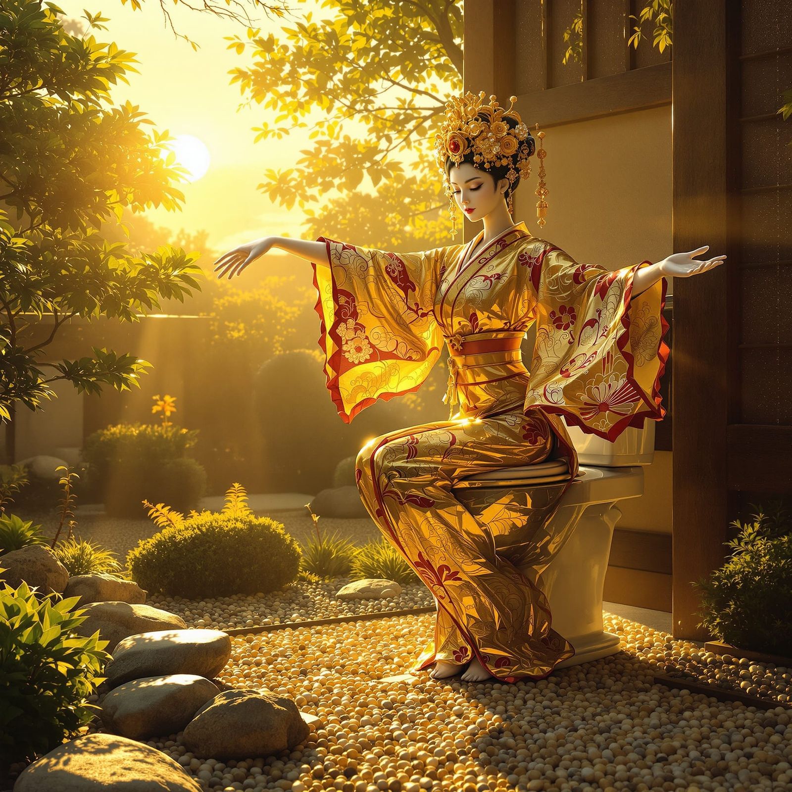 Golden Toilet Dancer in Zen Garden