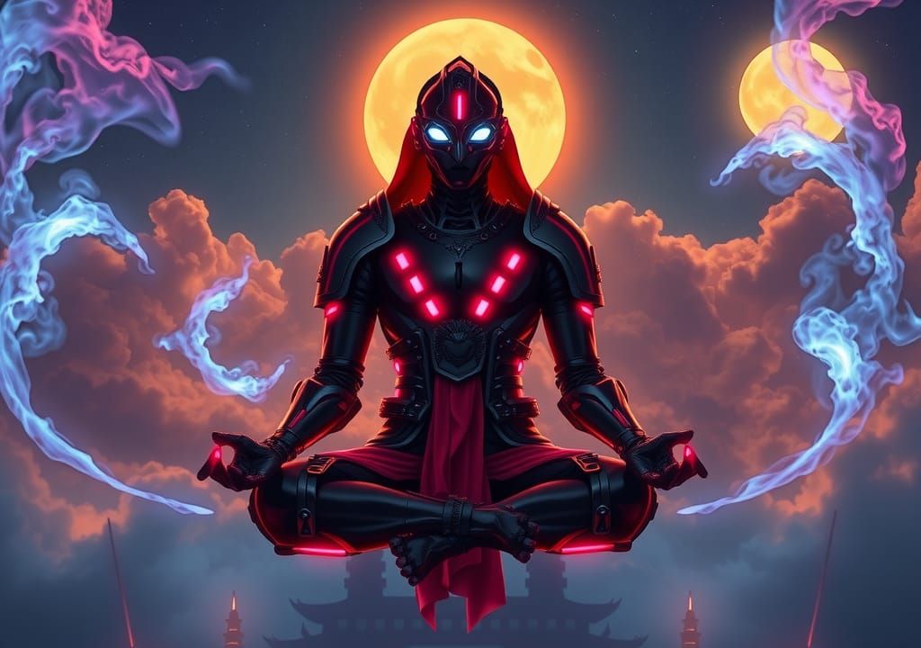 Neon Armored Figure in Meditative Pose
