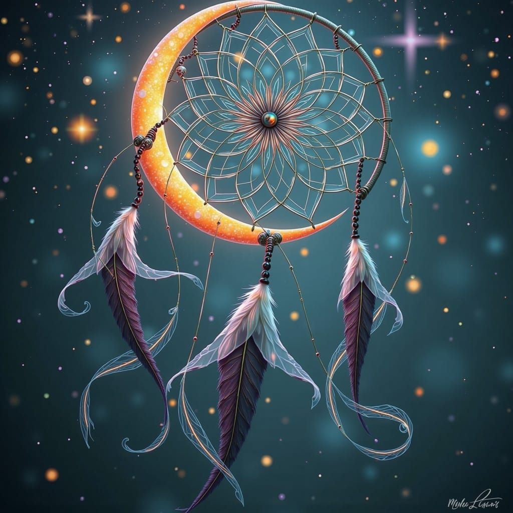 Dreamcatcher on Crescent Moon in Ethereal Fantasy Art