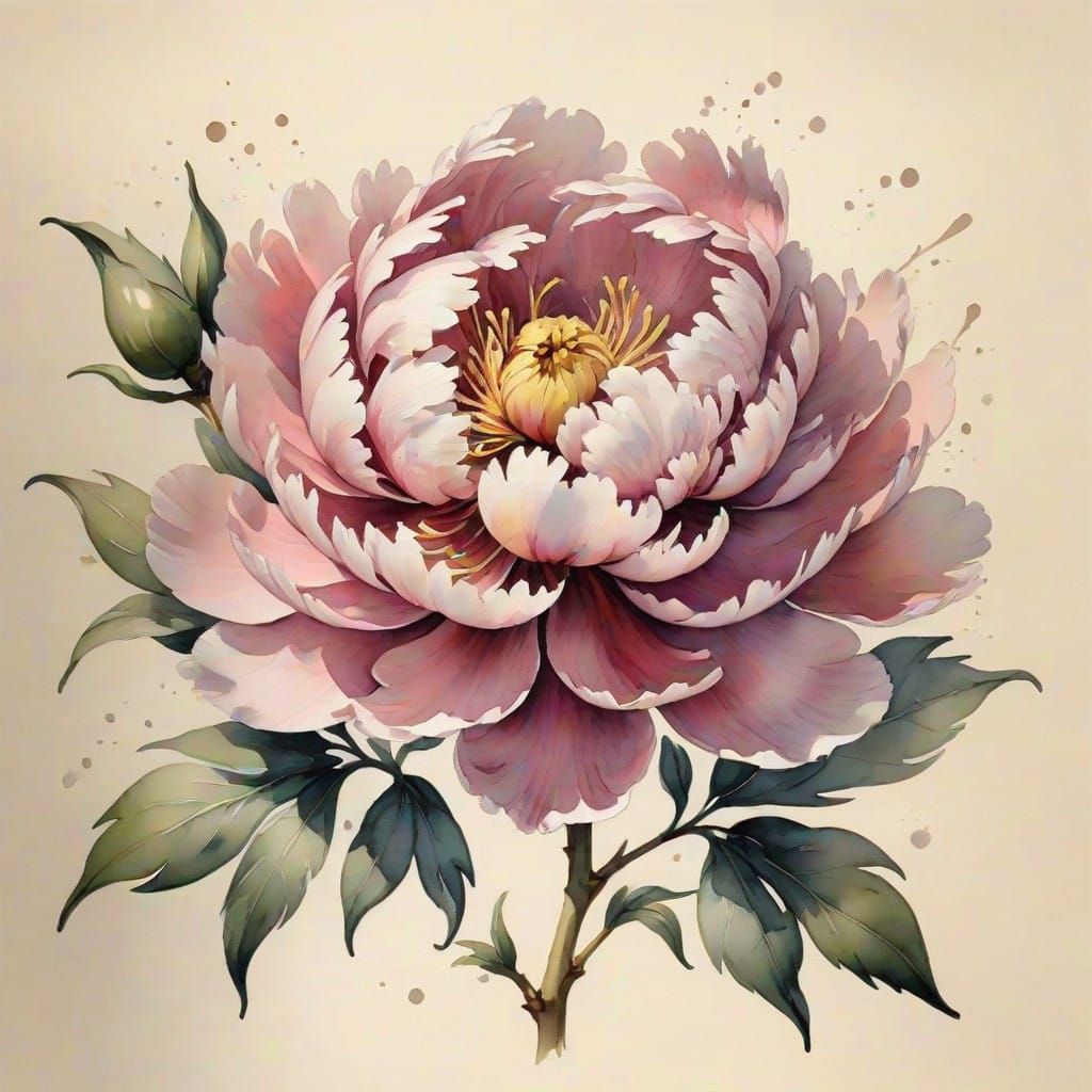 a watercolor sketch of peony on a blotchy ivory background