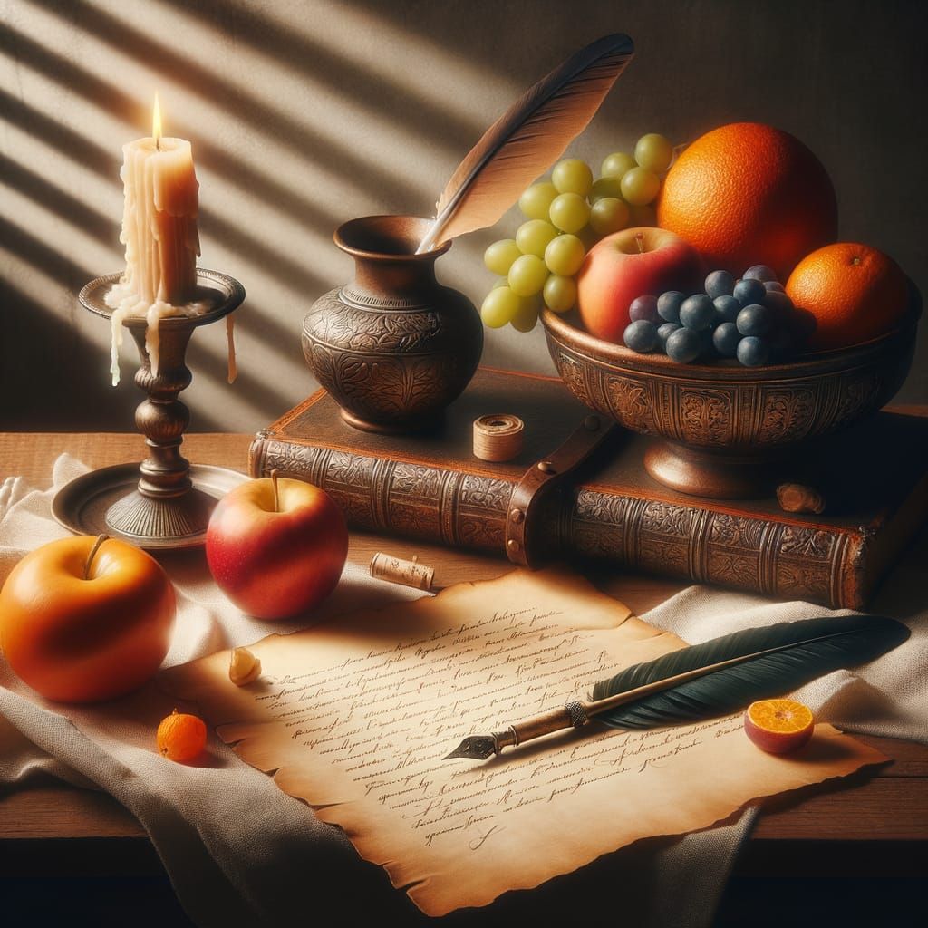 Classic Still Life With Parchment, Quill, Candle, and Fruit