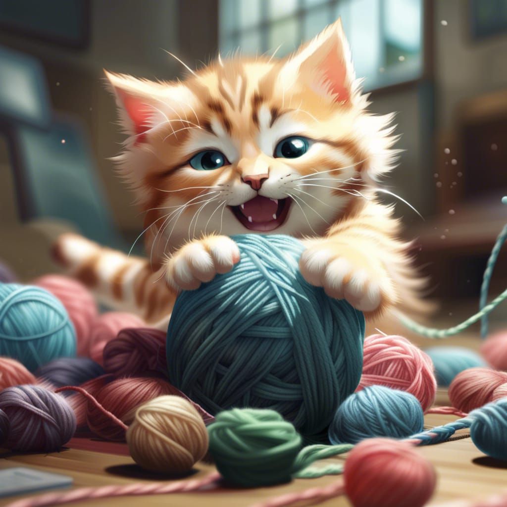 Adorable Kitten Catches Yarn Ball: Hyperdetailed Splash Art