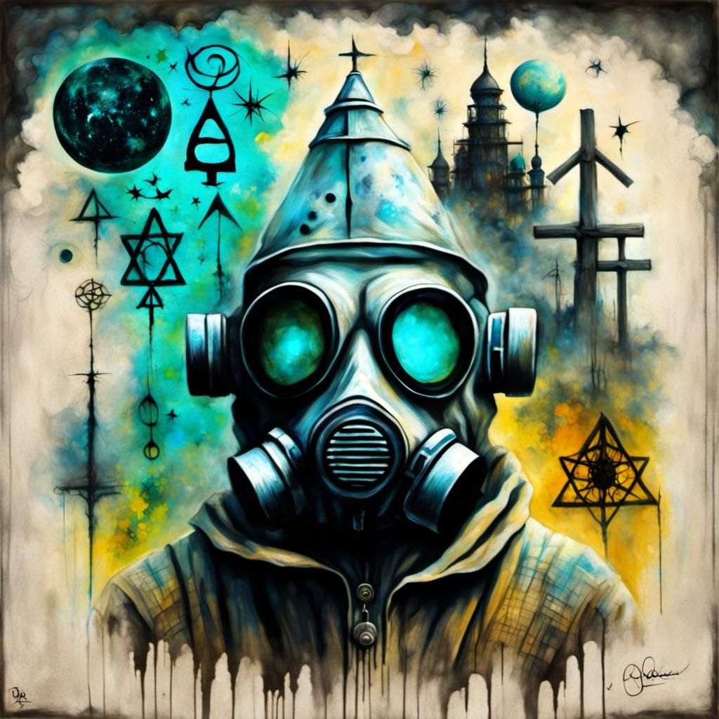 Surreal Gas Mask Namaste with Moonshine Stars