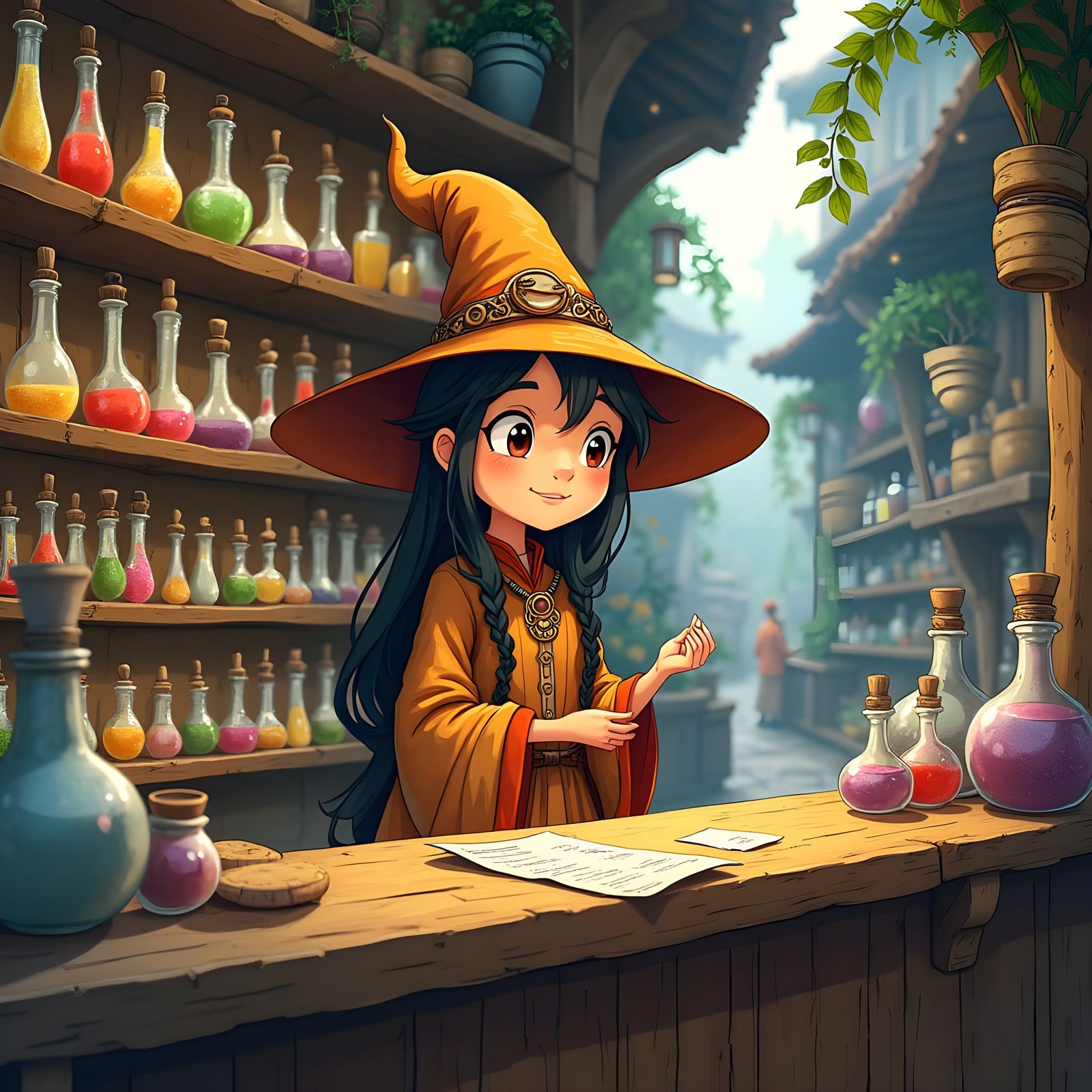 Vibrant Cartoon Witch Brews Magical Potions