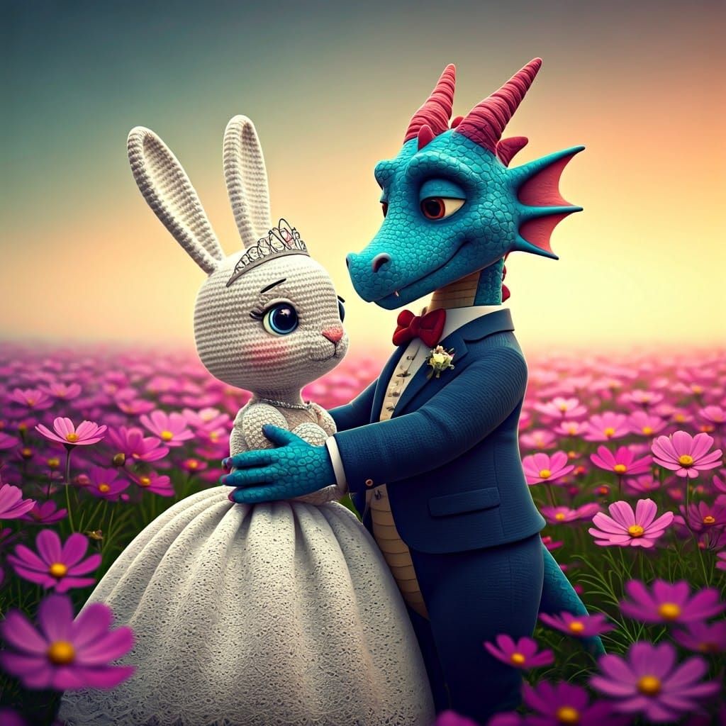 Rabbit and Dragon Amigurumi Wedding in Cosmos Garden